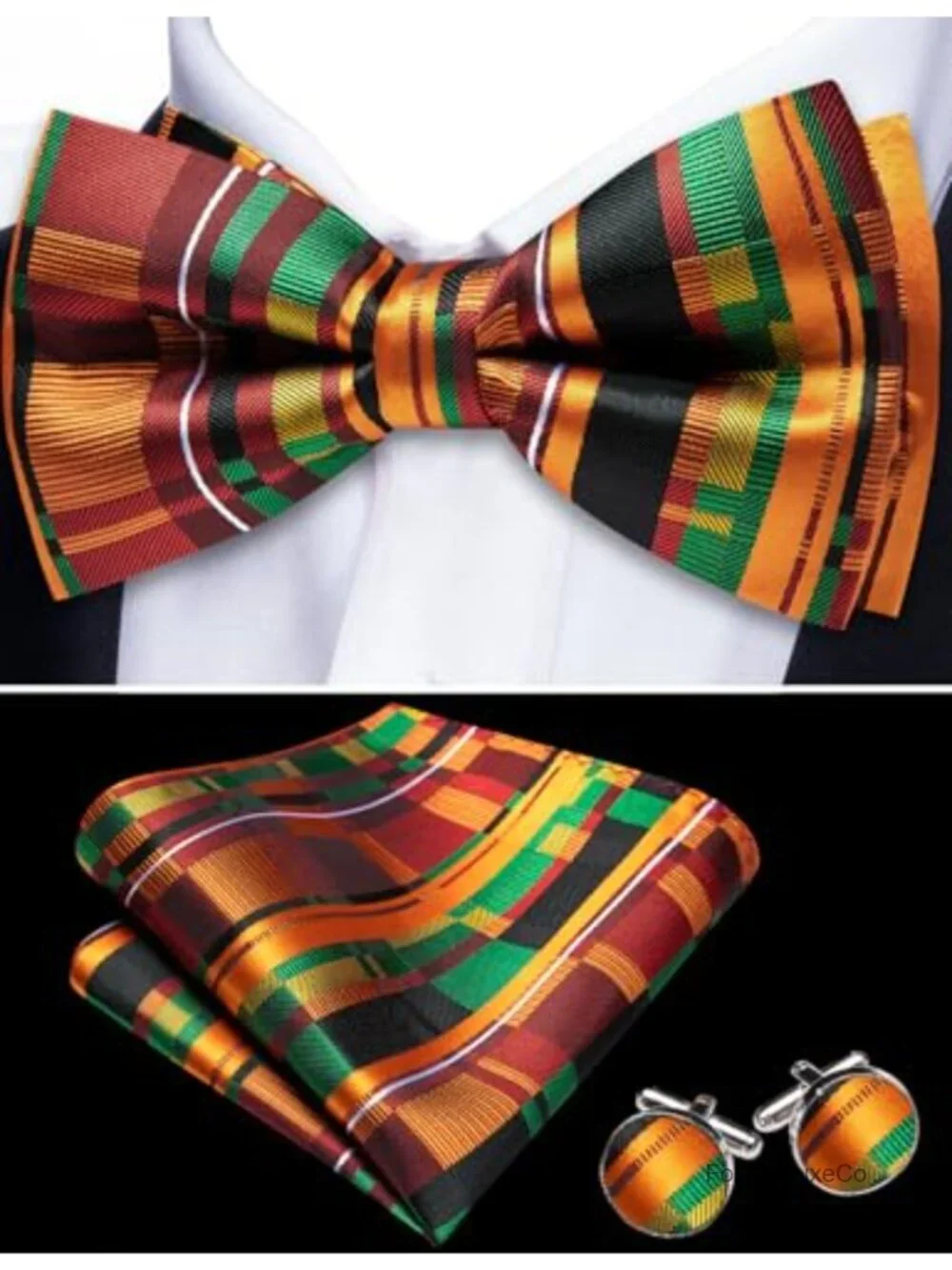 Mens Pre-Tied Paisley Bow Tie Set with Handkerchief & Cufflinks Silk